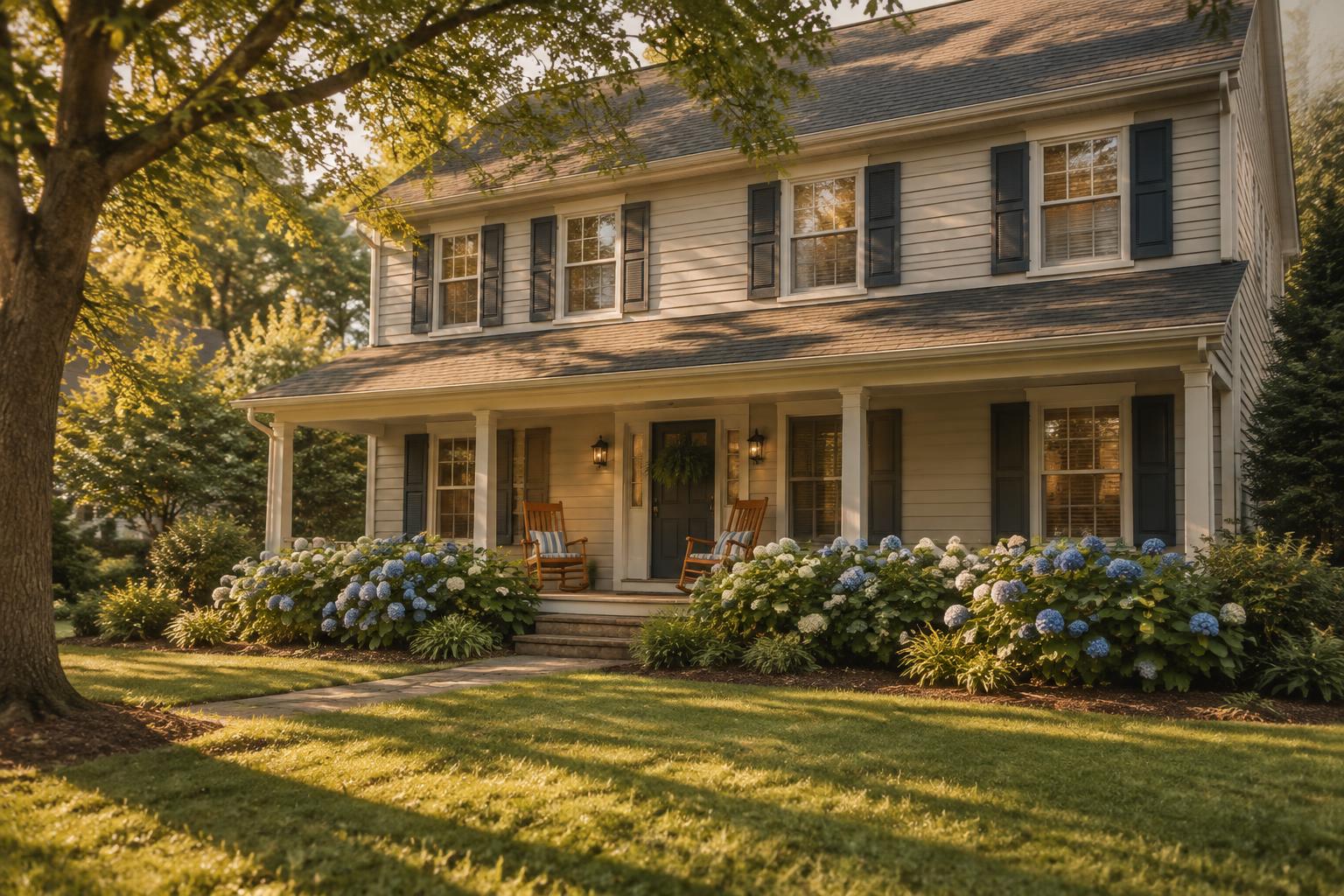 A warmly lit two-story home with a covered porch, rocking chairs, and blue hydrangeas in the late afternoon.