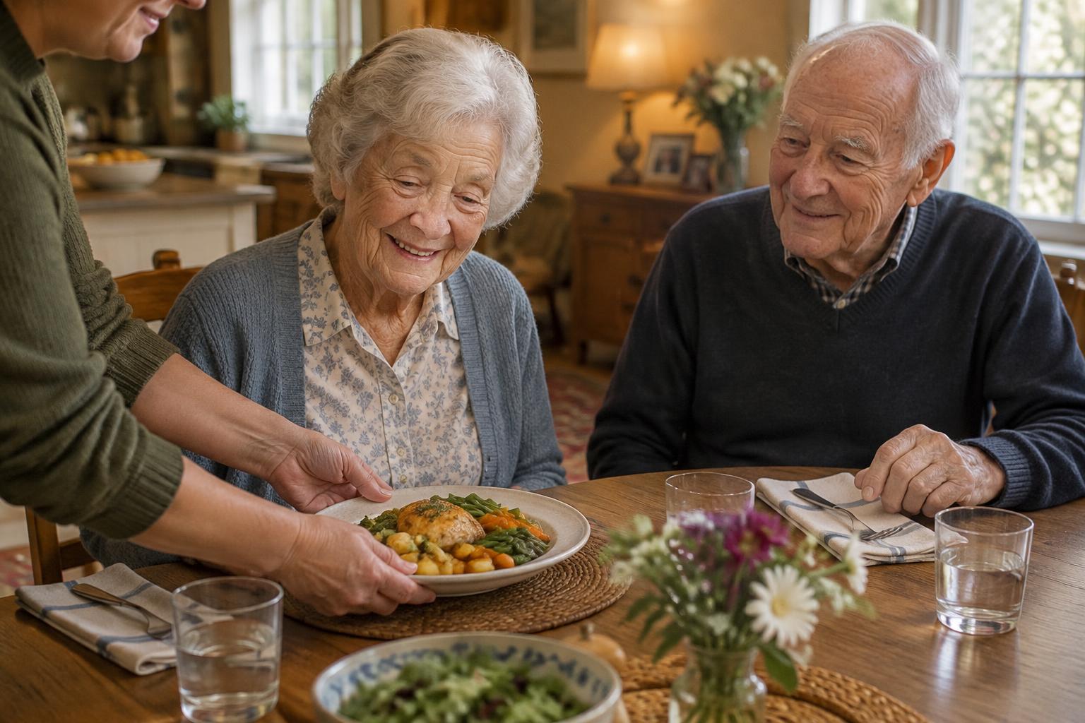 A plate of home-cooked food being set down in front of two older adults at a wooden dining table.