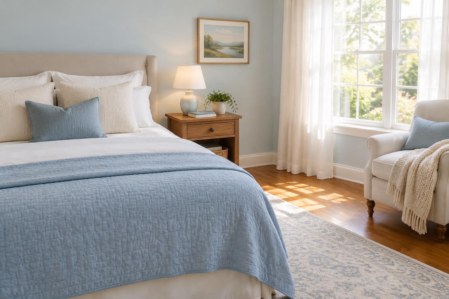 A freshly made bed with a pale blue quilt, a wooden nightstand with a lamp, and an armchair by a window in warm morning light.
